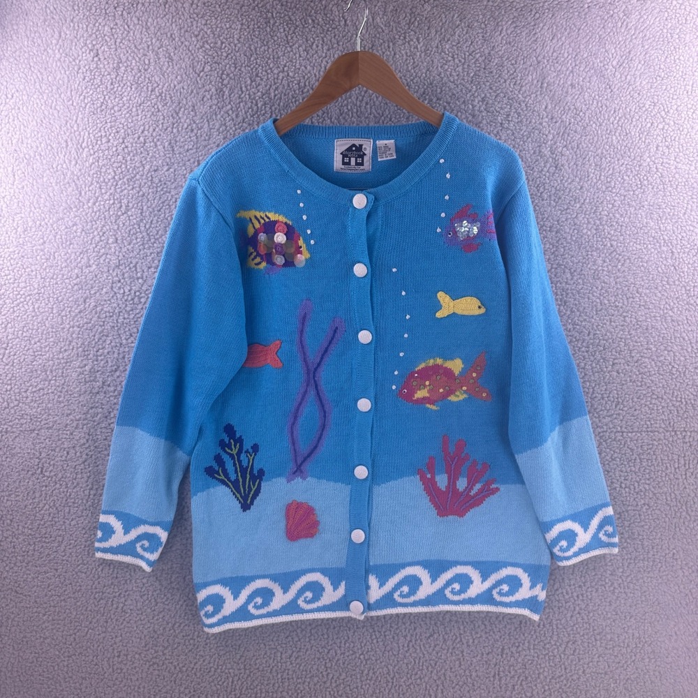 Storybook Knits Blue Ocean Fish Sequin Cardigan Sweater Womens Medium